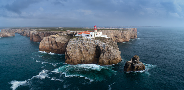 Aerial panorama view of the Lighthouse of Cabo Sao Vicente, Sagres, Portugal