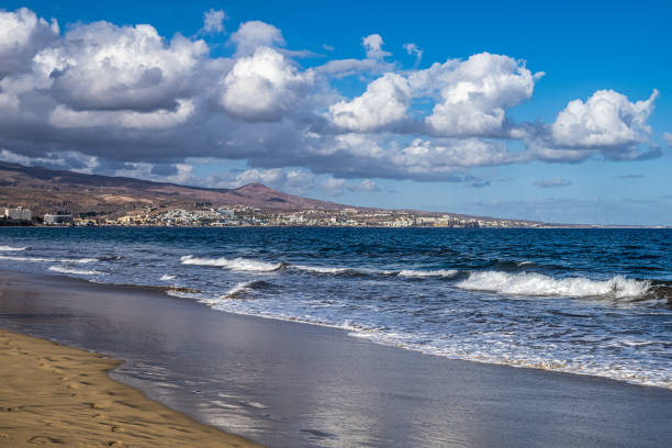 Sandy beach with black stones at Punta de Maspalomas near the tourist resort of Playa de Ingles on the island of Gran Canaria, Spain