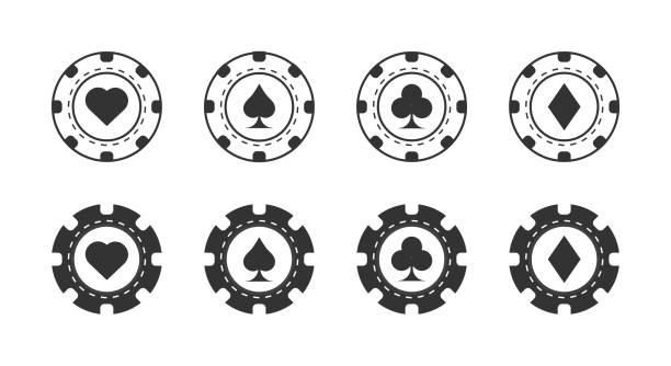 zestaw ikon żetonów kasynowych.  kolekcja żetonów pokerowych. zaprojektowany dla interfejsów internetowych i programowych. ilustracja wektorowa. - casino black and white gambling chip gambling stock illustrations