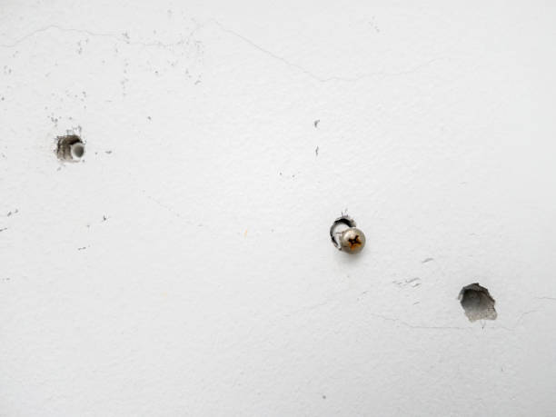 el pequeño agujero con el taco de plástico en la pared de hormigón. - wall anchor fotografías e imágenes de stock