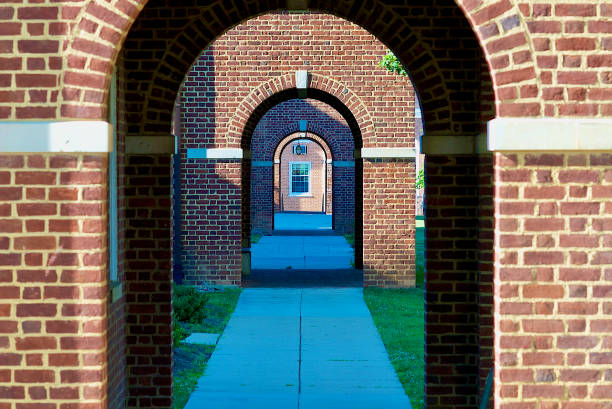 Fairfax, Virginia, USA - June 26, 2017: View looking through multiple archways along the front walkway of the Historic Fairfax Court House in the City of Fairfax, Virginia.