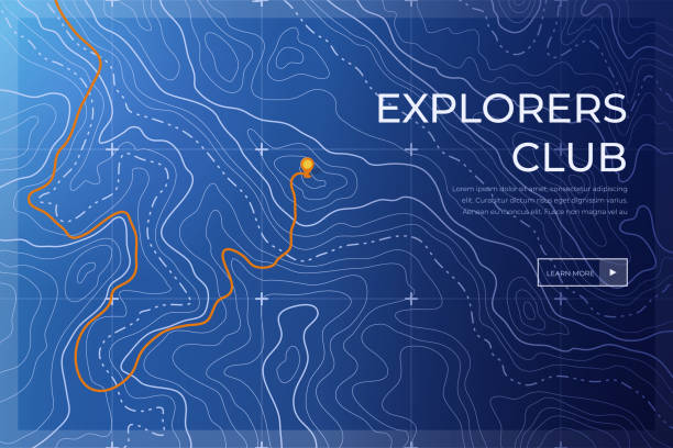 Topographic contour map with marker. Map pattern with mountain texture and grid. Travel in the mountains Topographic contour map with marker. Map pattern with mountain texture and grid. Route map. Travel in the mountains explorer stock illustrations