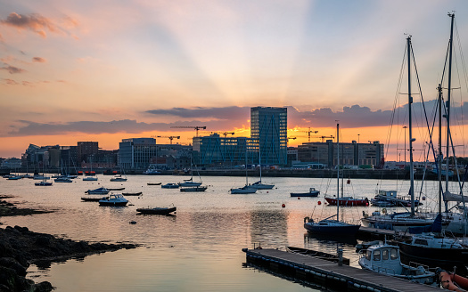 Sunset Over Dublin Docklands on the River Liffey, Ireland