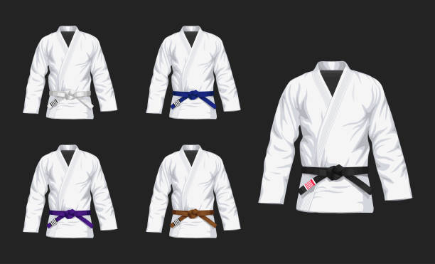 istock Set of BJJ White Gis with different belts flat vector illustration. Kimono with all belts vector illustration in flat style. 1401786554