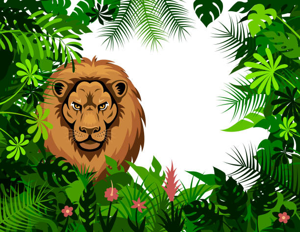 könig löwe im gebüsch. maskottchen kreatives logo design. - tropical rainforest animal cartoon lion stock-grafiken, -clipart, -cartoons und -symbole