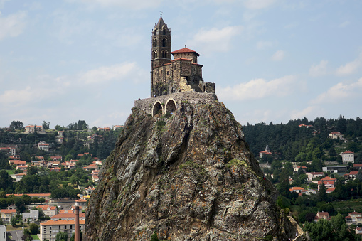 View of the chapel of Saint-Michel d'Aiguilhe in the outskirts of Le Puy en Velay. It was built in the 10th century over a volcanic rock and it was a popular pilgrimage spot during the middle ages.