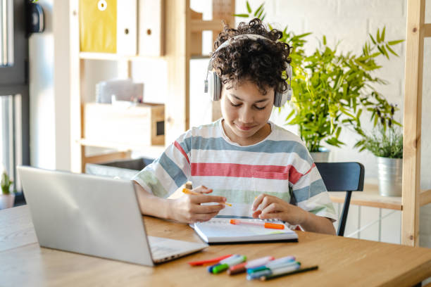 Little boy studying for school at home and using a laptop stock photo