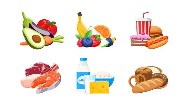 Vector illustration of Set of different types of food cartoon vector illustration. Fast food, vegetables, dairy, meat, bakery, fruits. different food groups. Kinds of food.