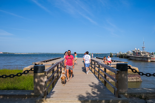 Charleston, South Carolina USA - May 1, 2022: The popular Joe Riley Waterfront Park along the Cooper River in the historic district.
