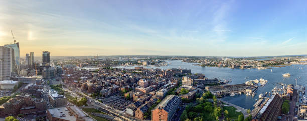 boston cityscape skyline panorama looking east towards the boston harbor and the north end - boston harbor imagens e fotografias de stock
