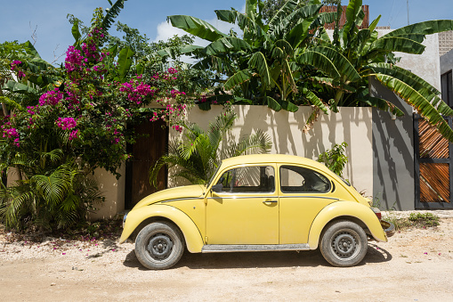 In Tulum, Mexico a vintage, yellow Volkswagen Beetle is parked outside on a residential street on a sunny summer day.