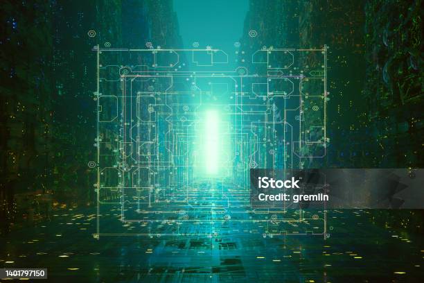 Empty Futuristic Vr City Street Stock Photo - Download Image Now - Technology, Green Color, Abstract