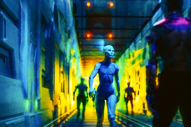 istock Female android walking futuristic corridor 1401797154