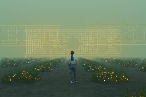 Young woman standing in front of mysterious geometric shape. This is entirely 3D generated image.