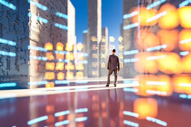 istock Businessman standing in futuristic VR environment with GUI icons 1401797750