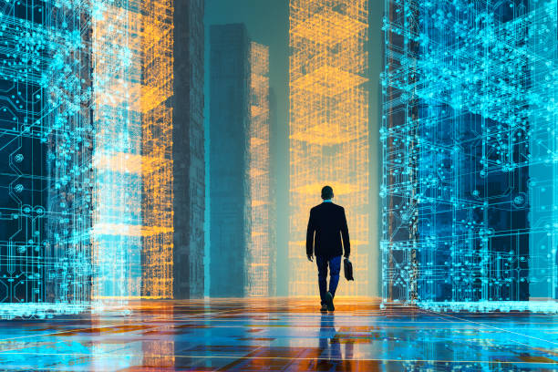 Businessman walking in futuristic VR environment