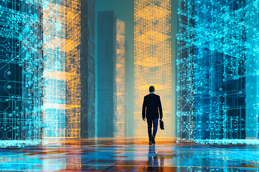 Businessman walking in futuristic VR environment. This is entirely 3D generated image.