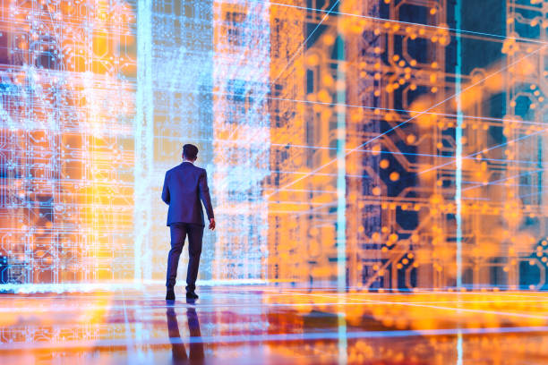 istock Businessman walking in futuristic VR environment 1401797830
