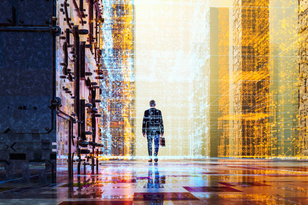 istock Businessman walking in futuristic VR environment 1401797841