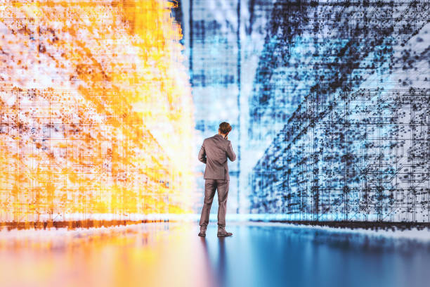 istock Businessman standing in futuristic VR environment 1401797849