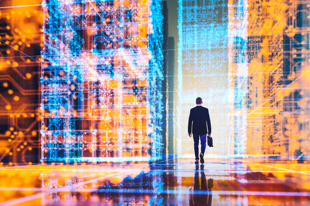 istock Businessman walking in futuristic VR environment 1401797856
