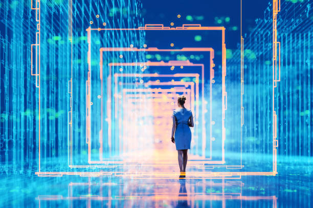 femme d’affaires tenant un dossier de fichiers dans un environnement vr futuriste - cloud computing cyberspace business technology photos et images de collection