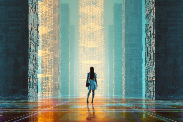 istock Woman in futuristic VR environment 1401797882