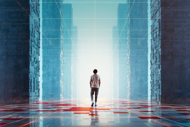 istock Casual man walking in futuristic VR environment 1401797894