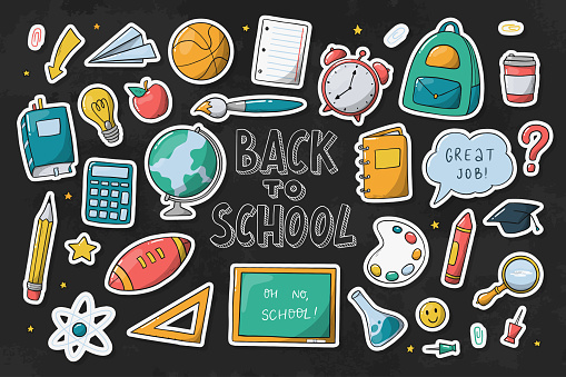 Set of school stickers with white edge isolated on blackboard background. Good for sublimation, prints, cards, planners, magnets, stationary, apparel decor. Back to school theme. EPS 10