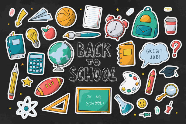 School stickers, clipart, labels Set of school stickers with white edge isolated on blackboard background. Good for sublimation, prints, cards, planners, magnets, stationary, apparel decor. Back to school theme. EPS 10 school supplies stock illustrations