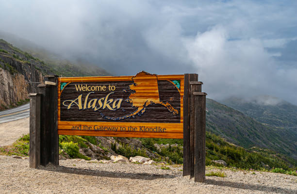 Welcome to Alaska sign along Klondike highway, Skagway, Alaska, USA stock photo