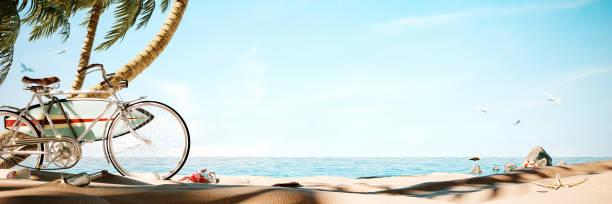 istock White bicycle with surfing board at beautiful sand beach 1401801487