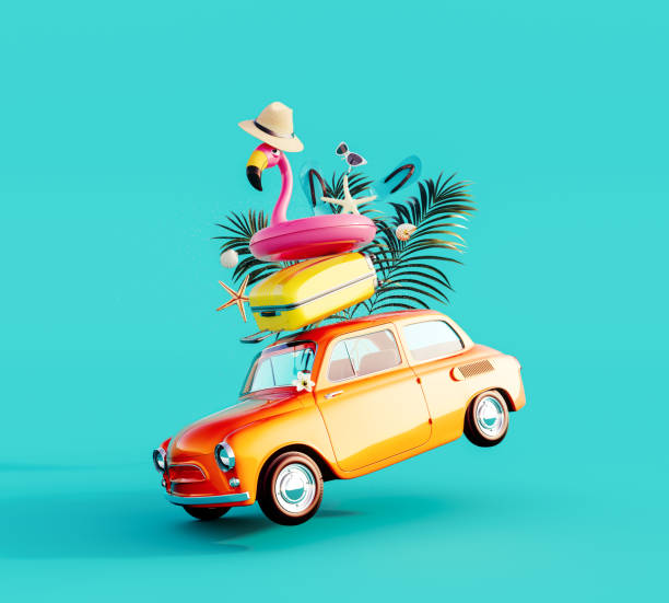 istock Funny orange retro car with summer vacation accessory on turquoise blue background 1401801499