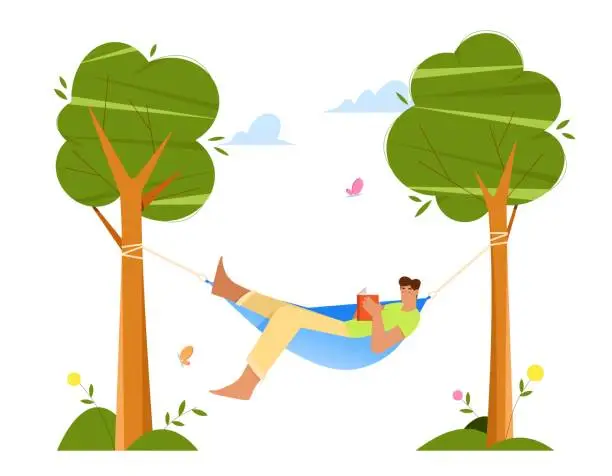 Vector illustration of Young man laying in hammock, reading a book between garden trees. Summer concept. Flat vector illustration