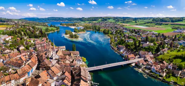 Aerial panoramic view of beautiful old town Stein am Rhein in Switzerland border with Germany. Popular tourist destination