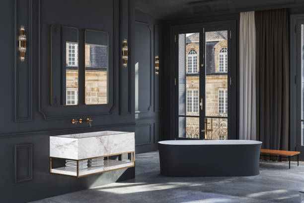 istock Classical style bathroom There are concrete floor and dark wall with classic frame moulding. 1401803888