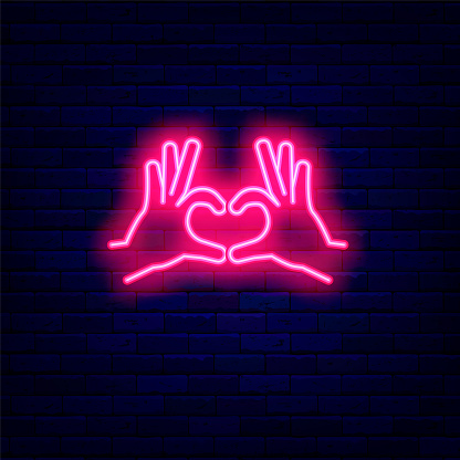 Hands in heart pose neon icon. Wedding and love emblem. Valentines day. Charity concept. Pop art style. Shiny effect banner. Pictogram on brick wall. Luminous label. Vector stock illustration