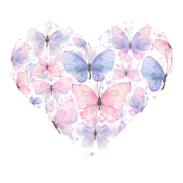 istock Butterflies in a heart-shaped frame. Delicate pink and purple with splashes of paint. Watercolor illustration. For the design and decoration of postcards, souvenirs, posters, stickers, invitations. 1401805544