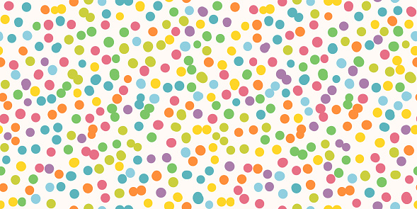 Polka dot vector seamless pattern. Irregular chaotic colorful spots, circles. Rainbow dots on white background. Simple abstract funky texture. Cute childish style. Repeat design for print, decor, wrap