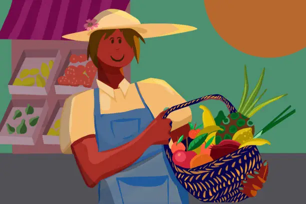 Vector illustration of Woman holding a basket of healthy food