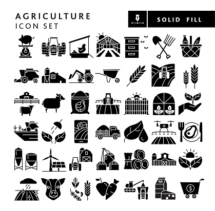 Vector illustration of a big set of farm and agriculture icons. Includes, harvesting, livestock, bee keeping, farm to table, cash crop, irrigation, solar power, growth, planting, seeding concepts, crops dairy farming, on white background with no white box below. Fully editable for easy editing. Simple set that includes vector eps and high resolution jpg in download.