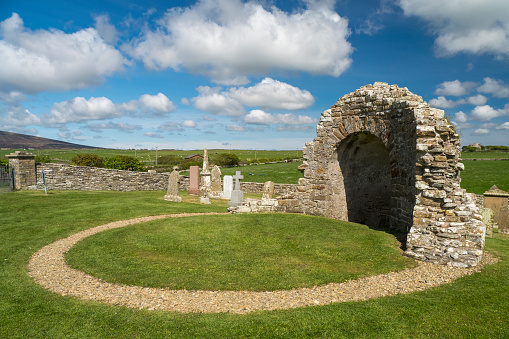 Ruins of the Round Church at Orphir on the Orkney Islands, one of only two known round churches in Scotland, dating from the 11th or 12th century.