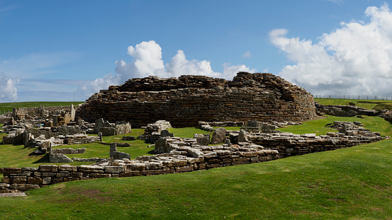 The Broch of Gurness is an Iron Age broch village on the northeast coast of Mainland Orkney in Scotland overlooking Eynhallow Sound, north-west of Kirkwall. Settled between 500 and 200BC, it once housed a substantial community.