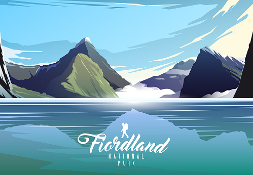 Amazing vector illustration. Fiordland national park. Nature of New Zeland. Milford sound.