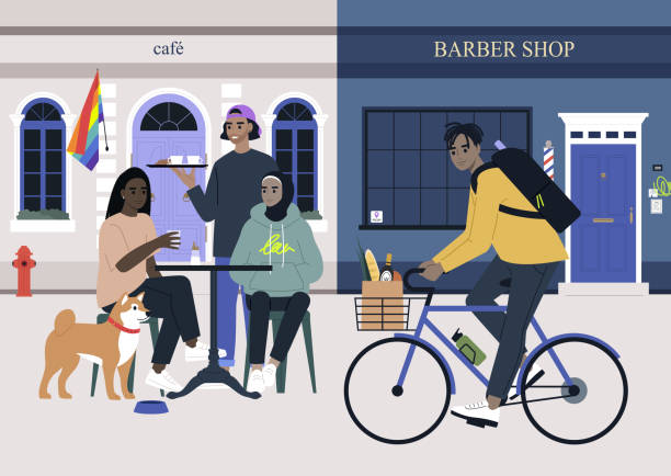 das ende der pandemie, restaurants und friseurläden wieder öffnen, zurück zu normal, menschen zu fuß, radfahren und sitzen im café, millennial lifestyle - store downtown district building exterior facade stock-grafiken, -clipart, -cartoons und -symbole