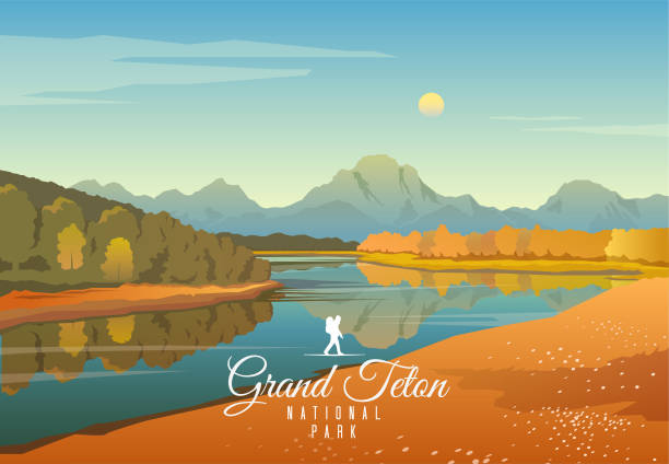 Grand Teton Amazing vector illustration. Grand Teton national park. Nature of Wyoming. Moran. wyoming stock illustrations