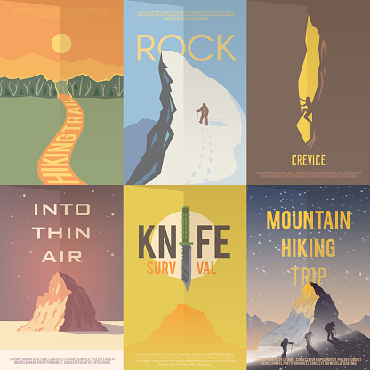 Set of flat vector advertising posters on the theme of Climbing, Trekking, Hiking, Walking. Sports, outdoor recreation, adventures in nature, vacation.Vintage flat design.