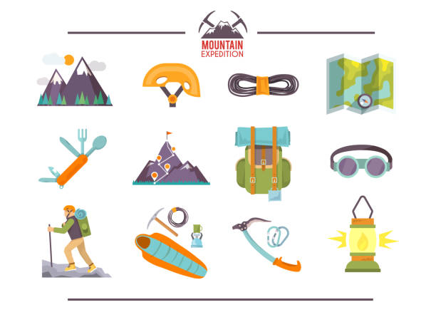 Climbing flat icons Colorful flat vector icons set . Quality design illustrations, elements and concept. Climbing icons. Set 1 rope climbing stock illustrations