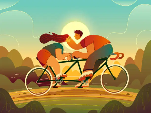 Vector illustration of A guy and a girl ride a tandem bike.