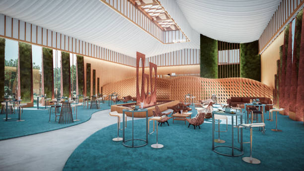 3d render of luxury hotel lobby. Wedding lunch or dinner event in multipurpose space